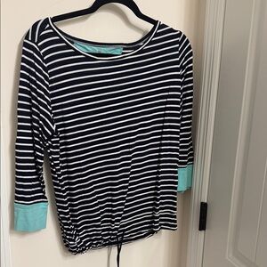 Talbots Navy and Aqua Striped Long Sleeve Top